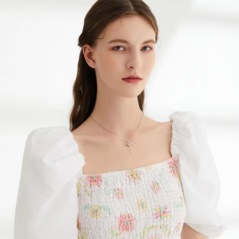 Moving Heart Angel Wings Tassel Necklace With Crystal Clavicle Chain