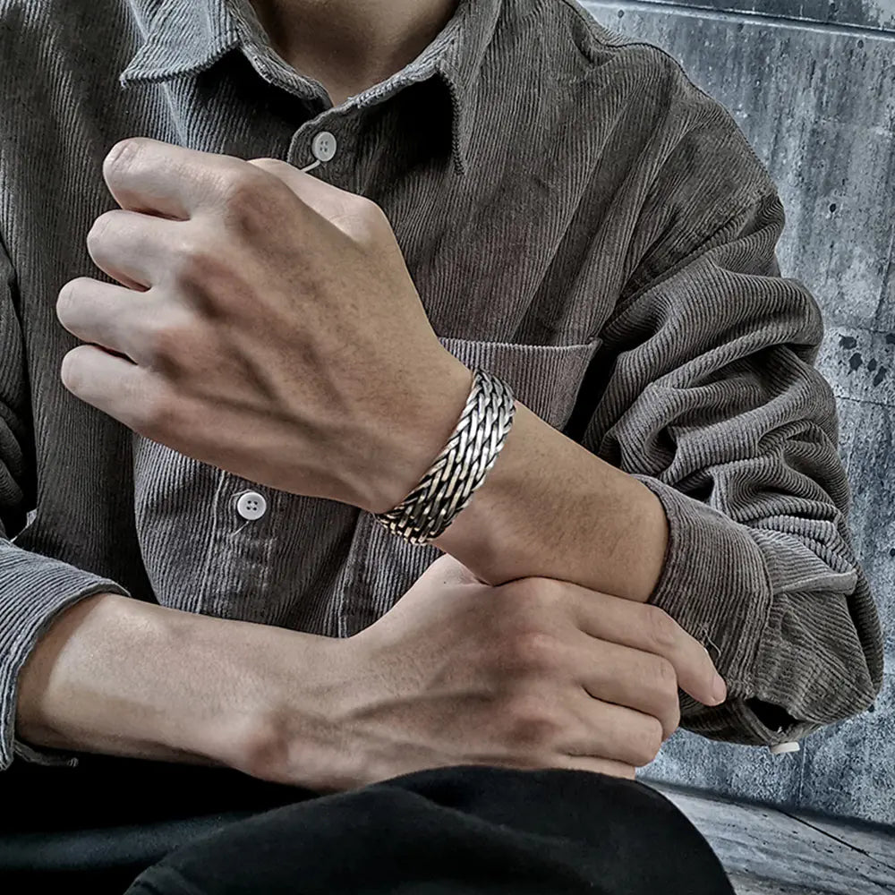 Men's Silver Handwoven Braided Bangle Bracelet - Christmas Gift!