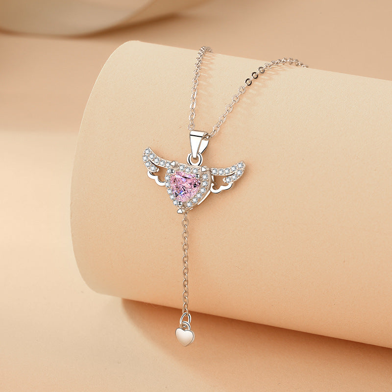 Moving Heart Angel Wings Tassel Necklace With Crystal Clavicle Chain