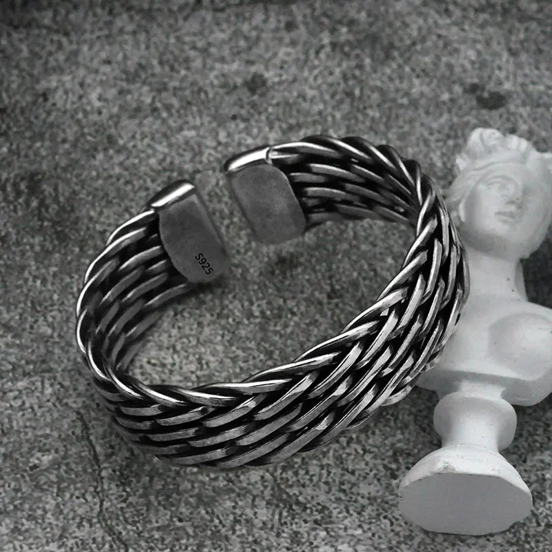 Men's Silver Handwoven Braided Bangle Bracelet - Christmas Gift!