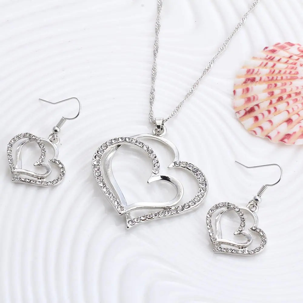 Twin Hearts Earrings and Necklace Jewelry Set