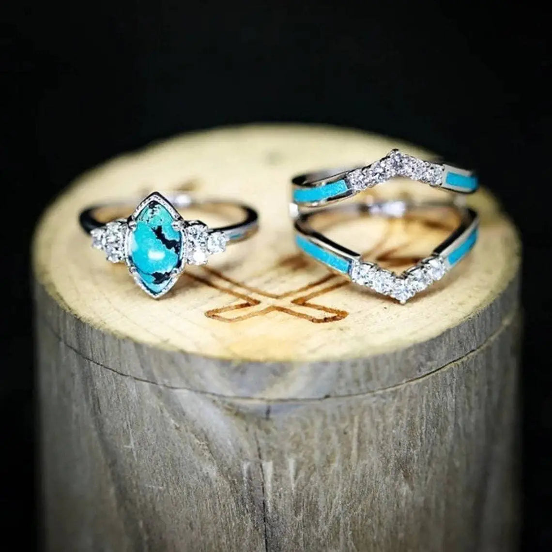 Modern Vintage Turquoise Diamond Three-Piece Ring Set