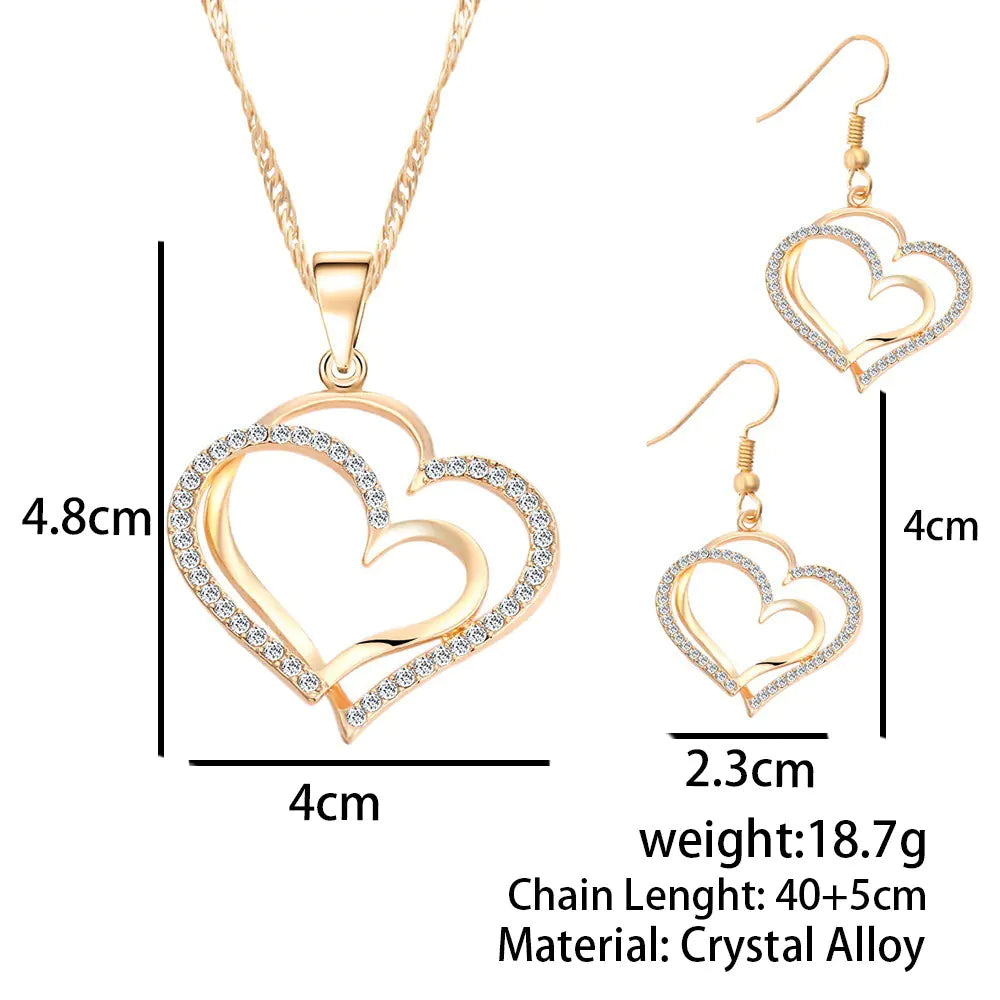 Twin Hearts Earrings and Necklace Jewelry Set