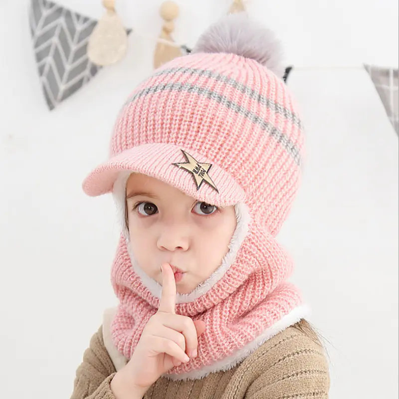 WinterWhimsy Kids Velvet Lined Hat & Neck Warmer One-piece Duo