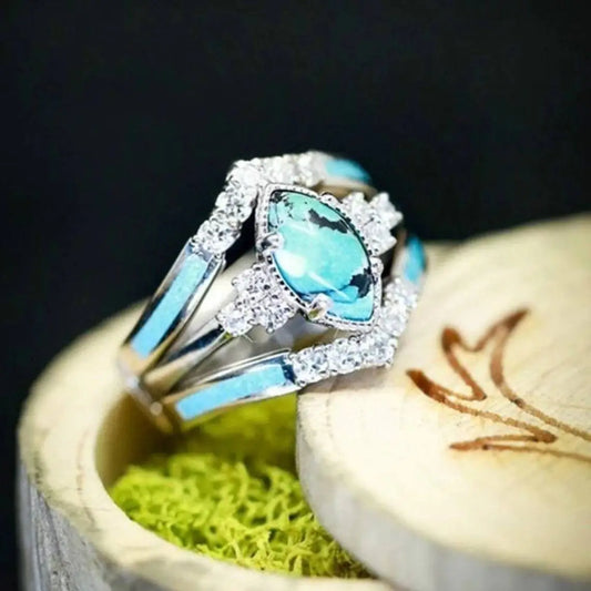 Modern Vintage Turquoise Diamond Three-Piece Ring Set