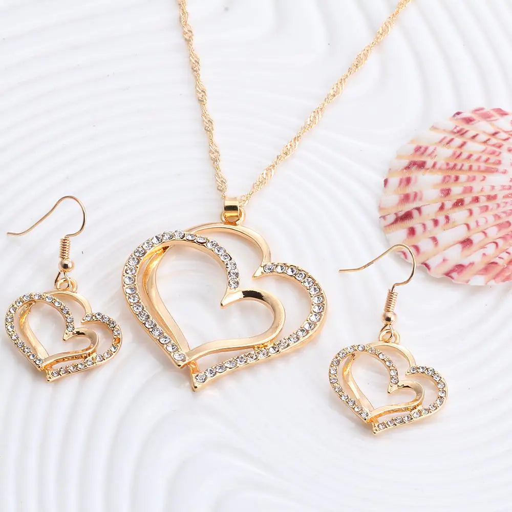 Twin Hearts Earrings and Necklace Jewelry Set