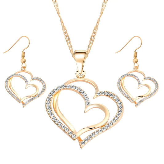 Twin Hearts Earrings and Necklace Jewelry Set
