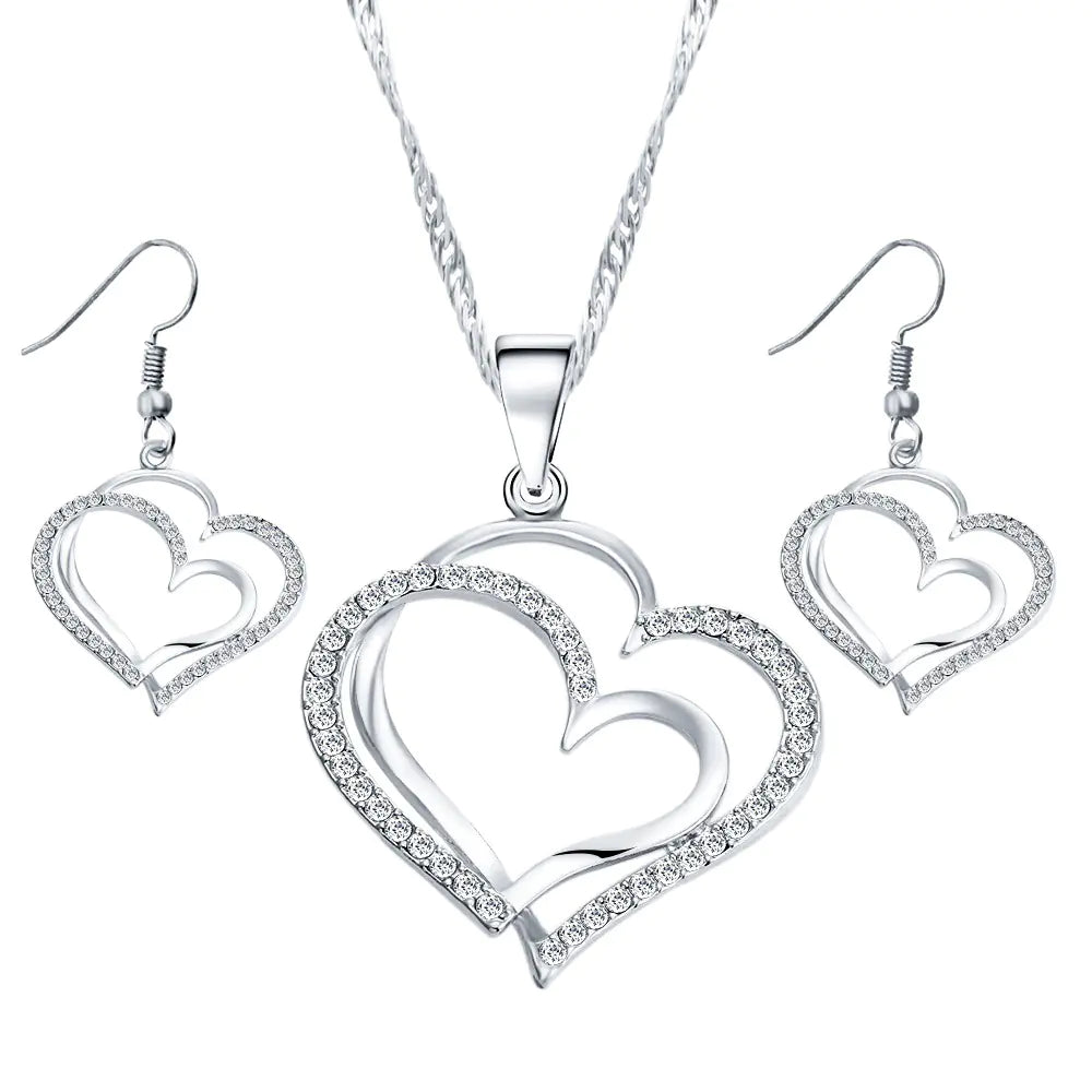 Twin Hearts Earrings and Necklace Jewelry Set