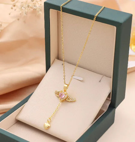 Moving Heart Angel Wings Tassel Necklace With Crystal Clavicle Chain